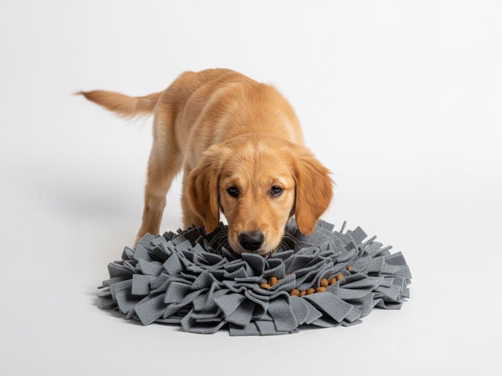 A golden retriever puppy using a **SmartPawz** snuffle mat, a perfect visual to help new customers get started with nose work and slow feeding.