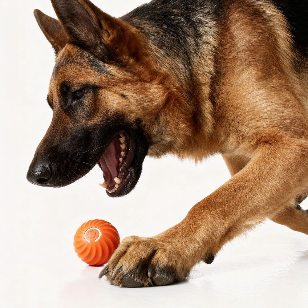 A German Shepherd lunging to catch a SmartPawz PawMinder ball, representing an energetic and engaging playtime.