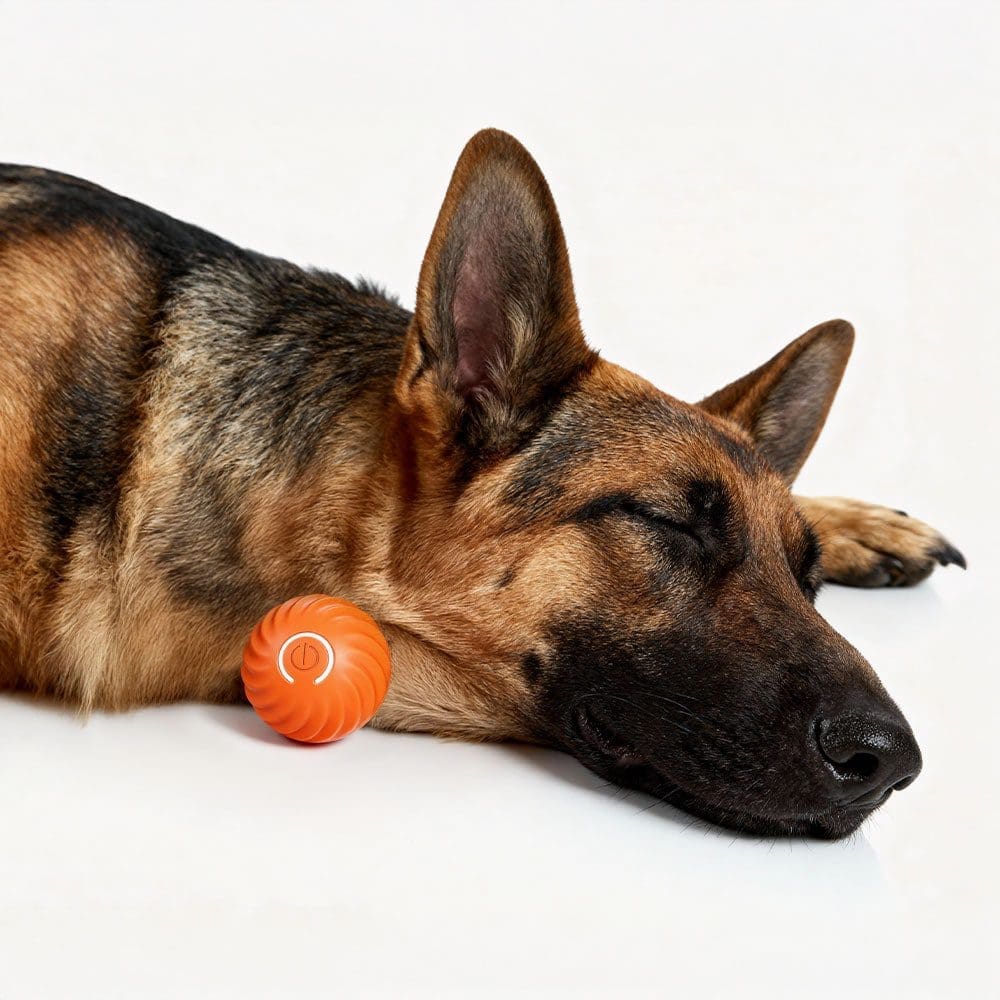 A German Shepherd sleeping next to the SmartPawz PawMinder, symbolizing a satisfied and relaxed pet after engaging playtime.