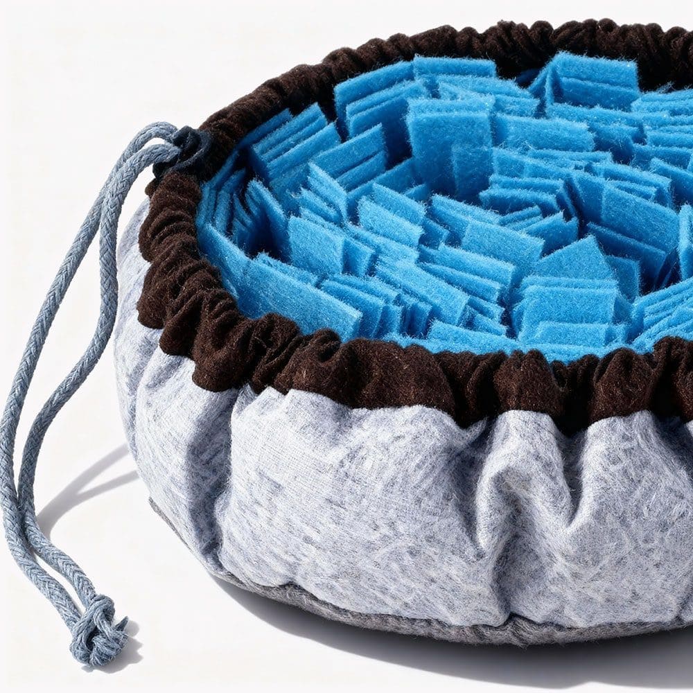 A close-up side view of the SmartPawz snuffle mat, showing its blue felt interior and drawstring detail.