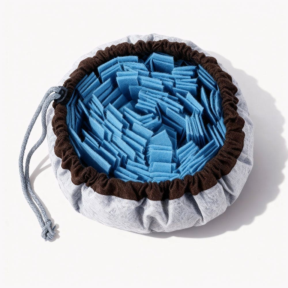 The SmartPawz snuffle mat cinched into a small bowl shape, an ideal size for hiding treats and providing a mental workout for small dogs.