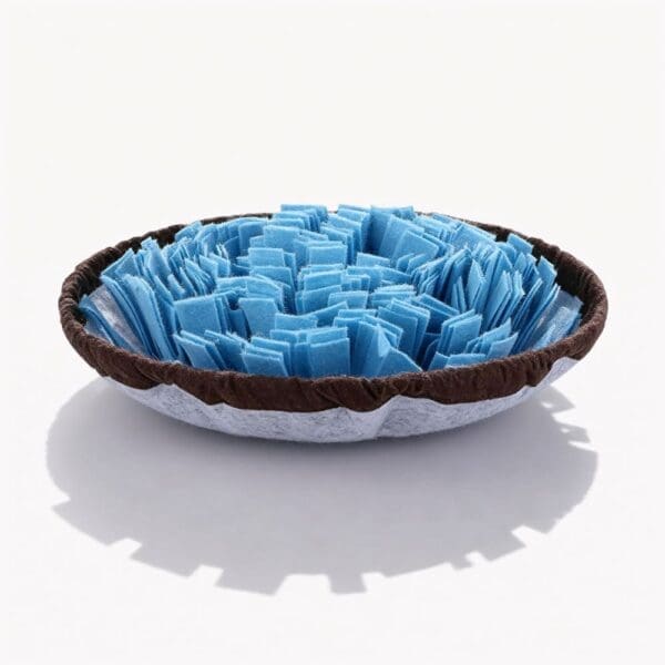 The SmartPawz snuffle mat laid flat, showing its blue felt strips and round shape before being cinched.