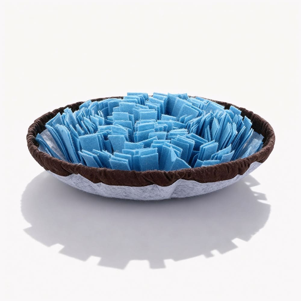 The SmartPawz snuffle mat laid flat, showing its blue felt strips and round shape before being cinched.