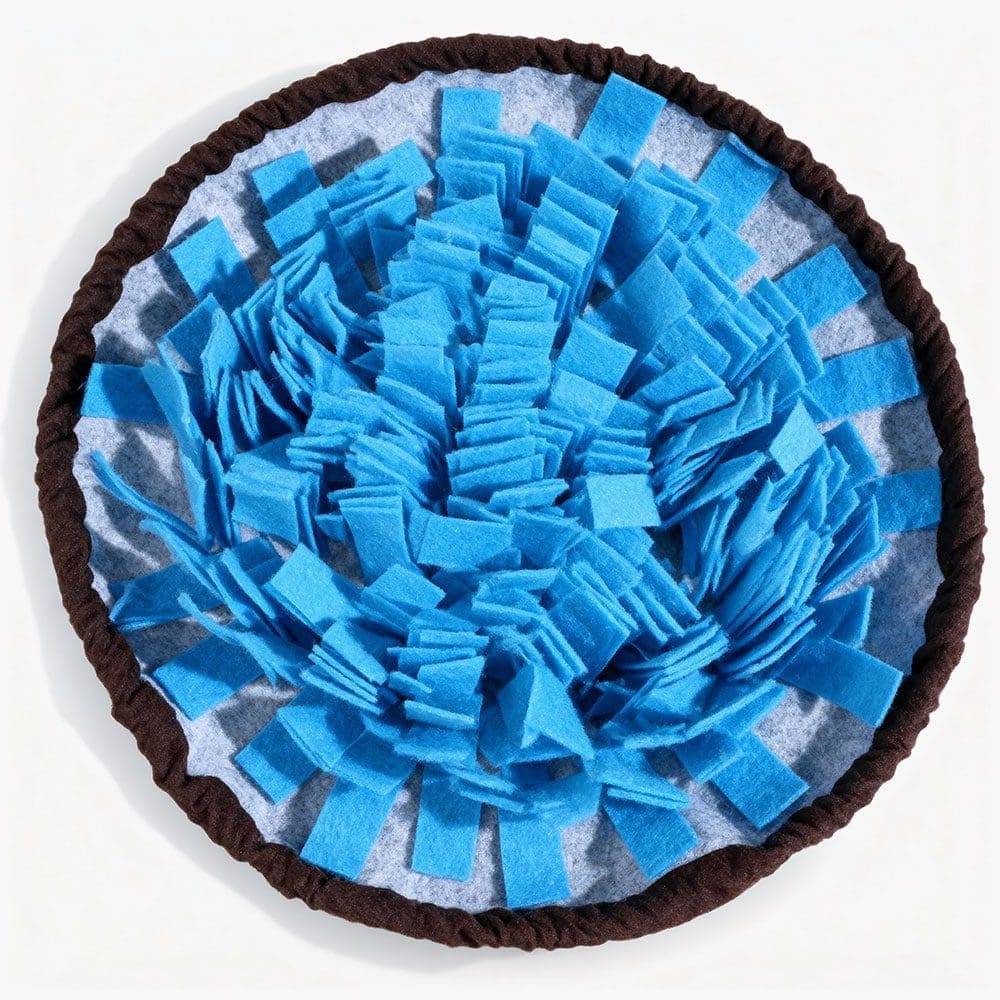A top-down view of the SmartPawz round snuffle mat, highlighting its many blue felt strips for hiding treats and food.