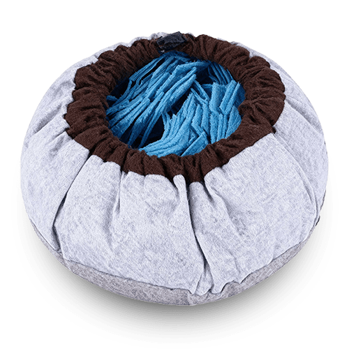 The SmartPawz blue snuffle mat, with its felt strips and brown trim.
