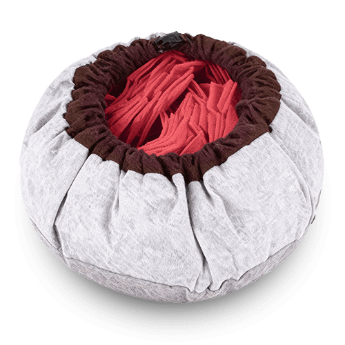 The SmartPawz red snuffle mat, with its felt strips and brown trim.