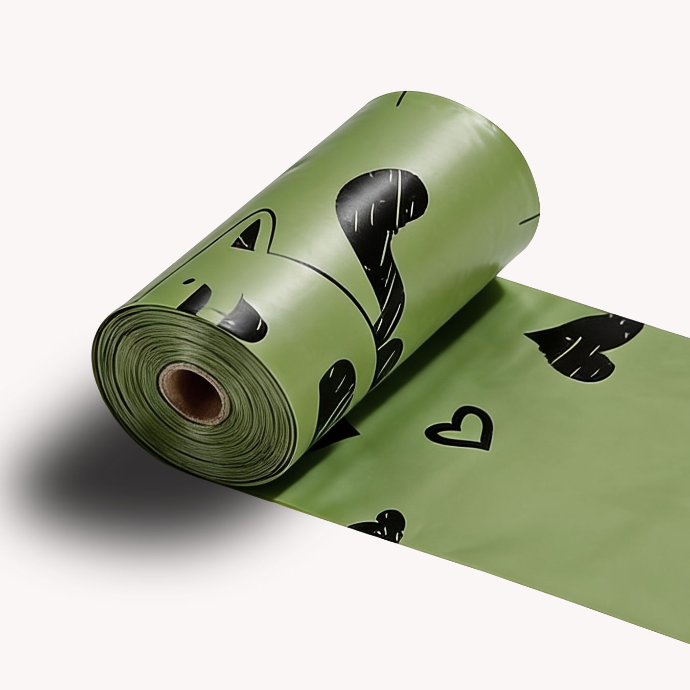 Close-up of a single green SmartPawz biodegradable dog waste bag roll showing black paw and heart print patterns.