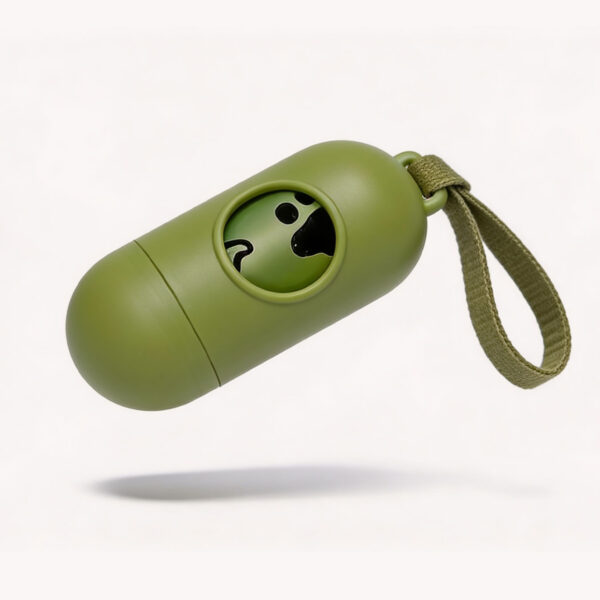 Professional studio shot of the olive green SmartPawz poop bag dispenser capsule with a secure attachment strap.