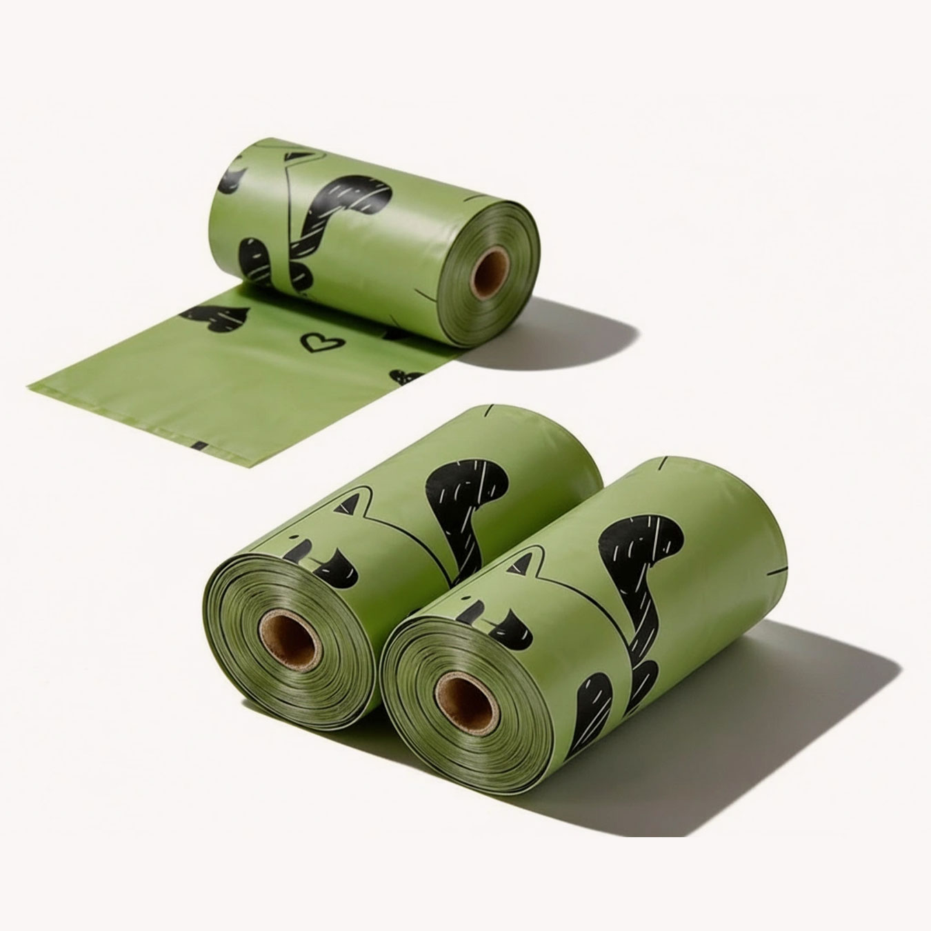 Three rolls of SmartPawz eco-friendly dog poop bags with leak-proof material and easy-tear design on a minimalist background.